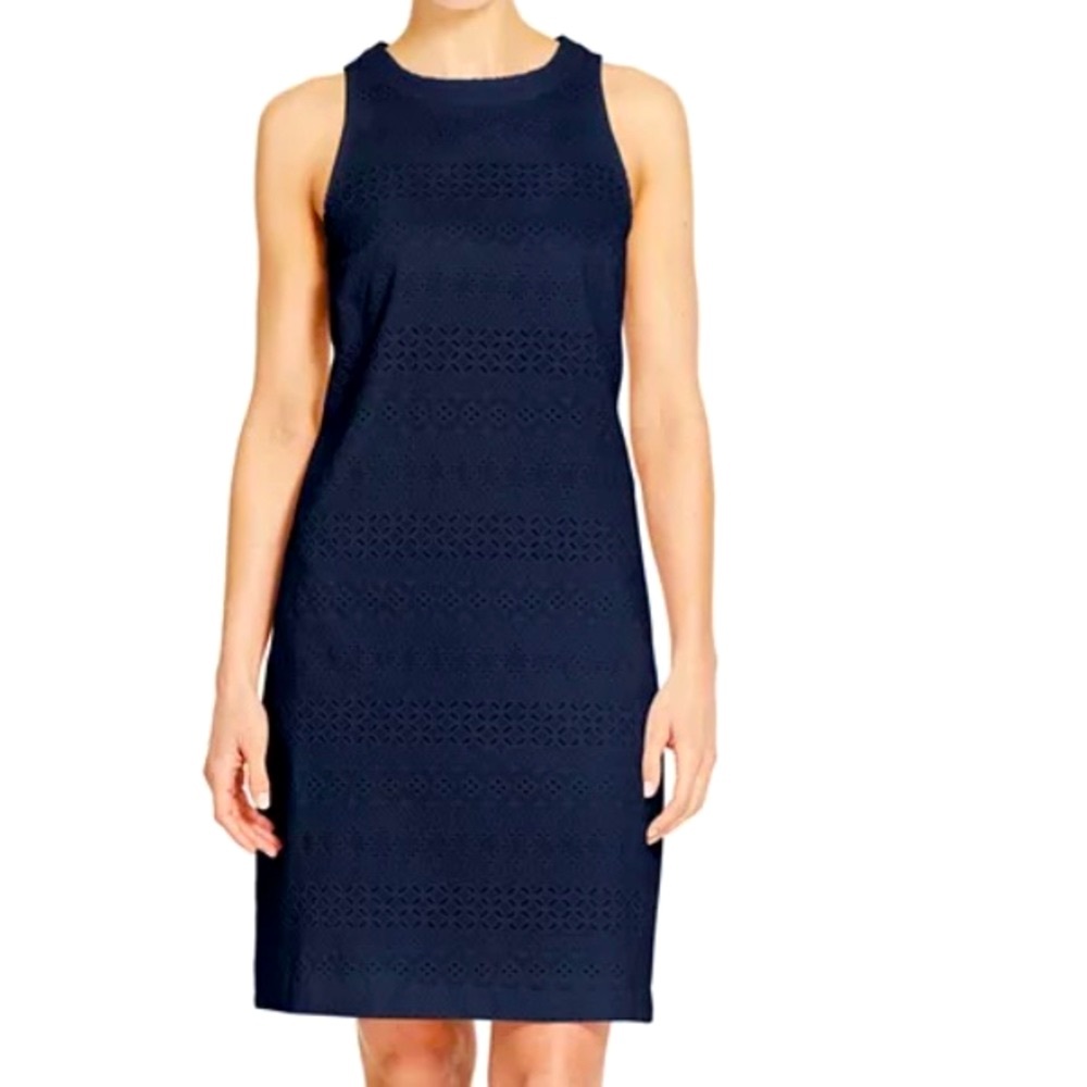 IZOD Navy sleeveless eyelet pattern shift dress, Above-knee Ladies Cotton EUC